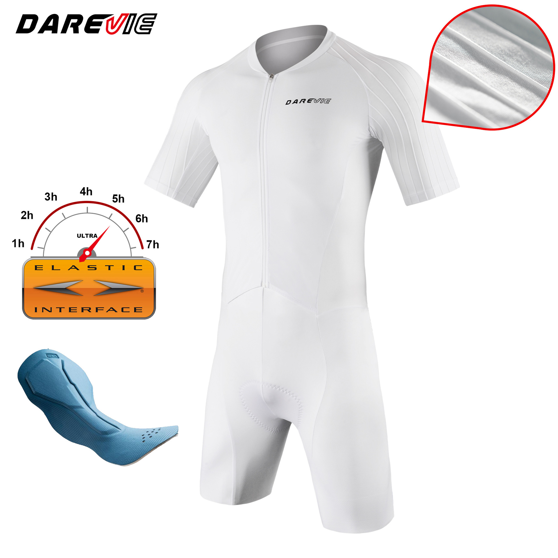 Cycling Bib Shorts - 永威・ダレヴィ・エアロ・エアロダイナミック・ロードサイクリング競技用ピュアホワイト半袖ワンピーススーツ（ダブルアローパンツクッション付き）